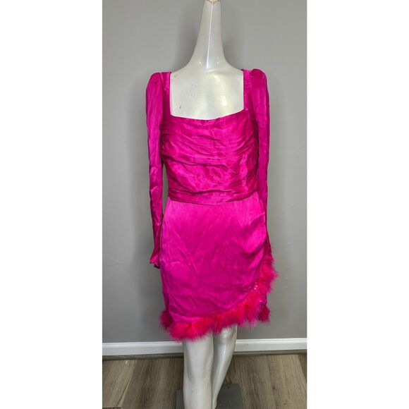 NWT Saylor Ruched Satin Ostrich Feather Trim Brielle Mini Dress Fuchsia Small $3 - Picture 3 of 10